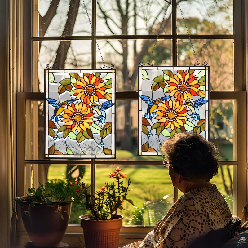 Capulina Sunflower and Birds Stained Glass Panels Window Hangings Tiffany Style Glass Traditional Art Handicrafts for Home Window Decor Gifts - Image 5